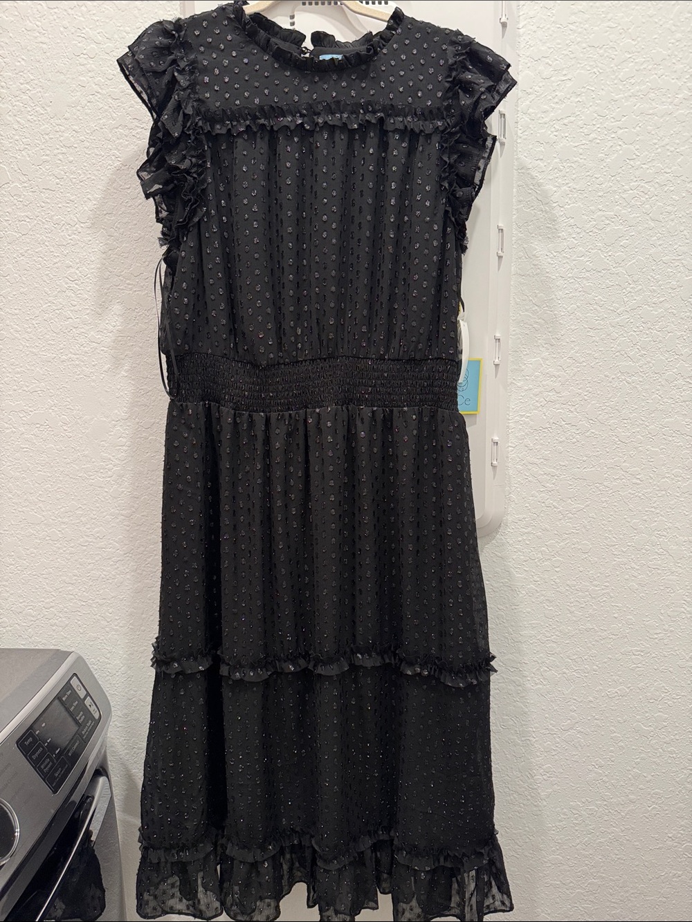 CeCe Black Ruffle Maxi Dress with Swiss Dot Texture